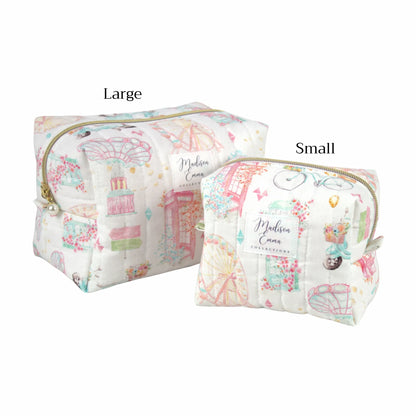 Handmade makeup bag size comparison.  World icons on white fabric - gift NZ