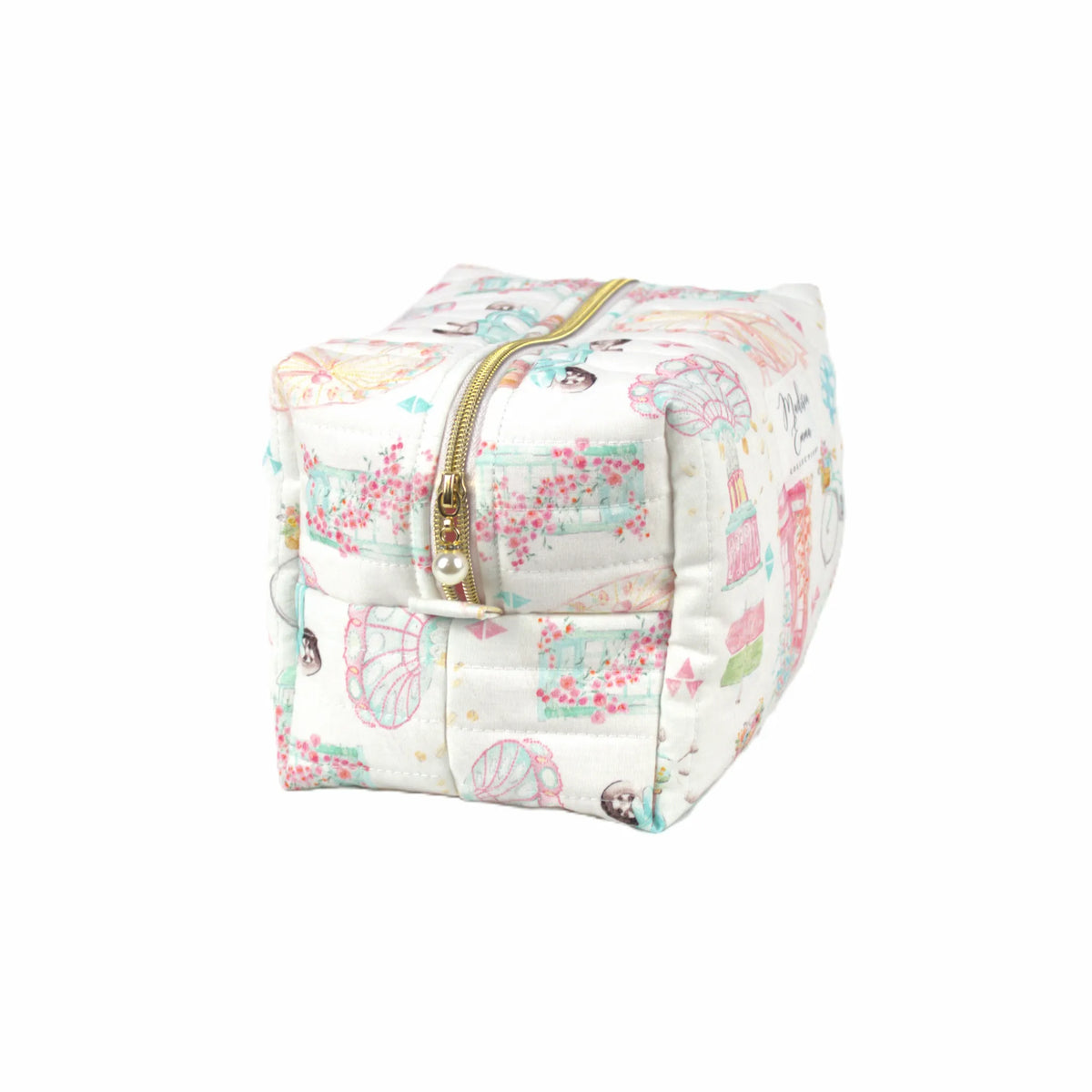 Handmade large makeup bag, world icons on white fabric with gold zip and pearl zip pull - gift for her NZ