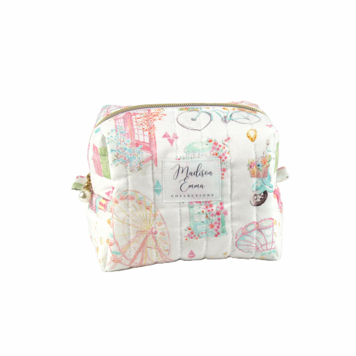 Handmade small makeup bag with world icons on white fabric - gift for her NZ