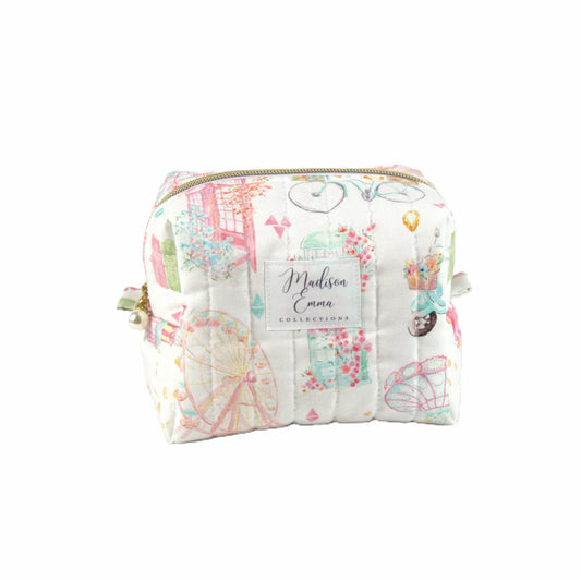 Handmade small makeup bag with world icons on white fabric - gift for her NZ