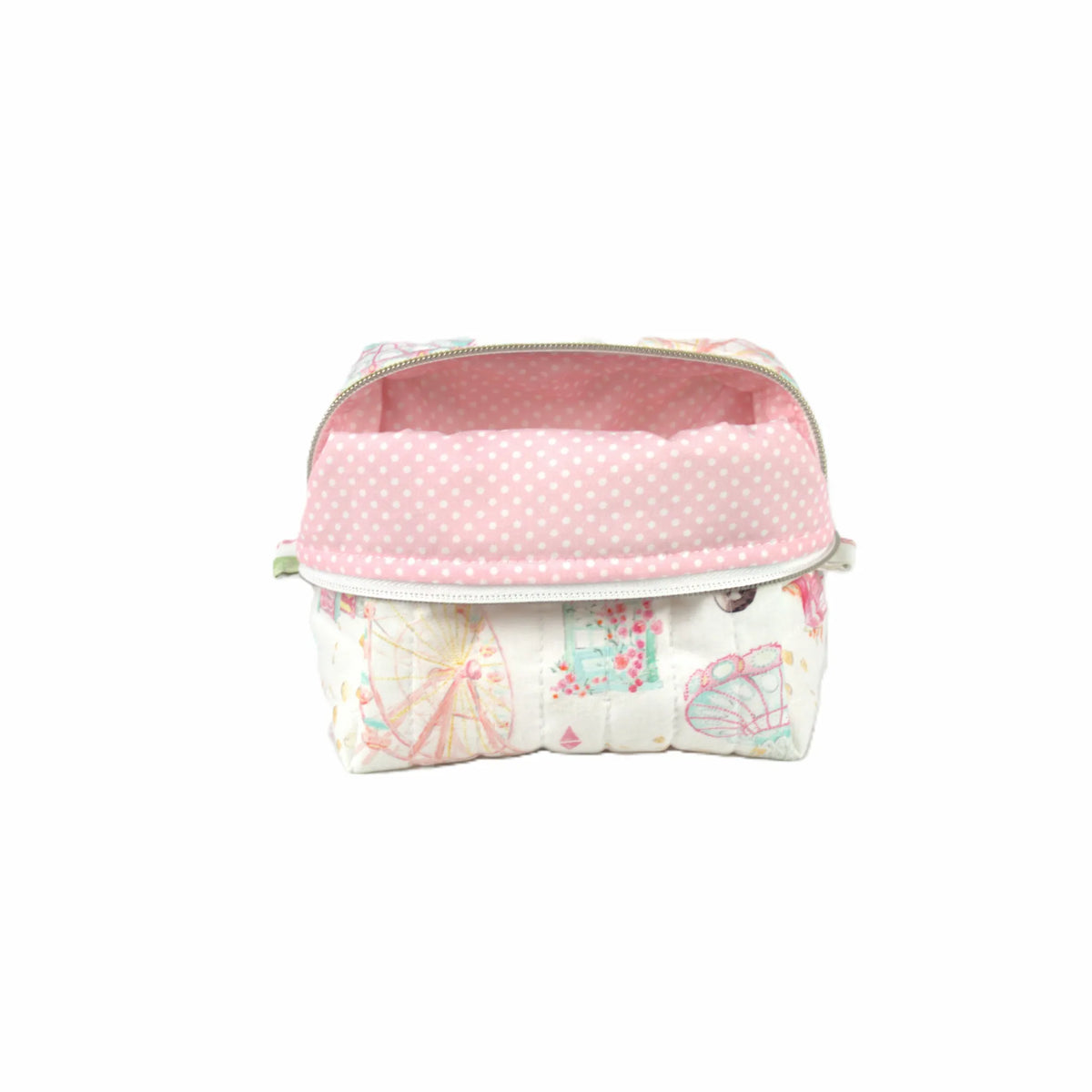 Handmade small makeup bag, world icons on white fabric with white polkadots on pink liner - gift for her NZ