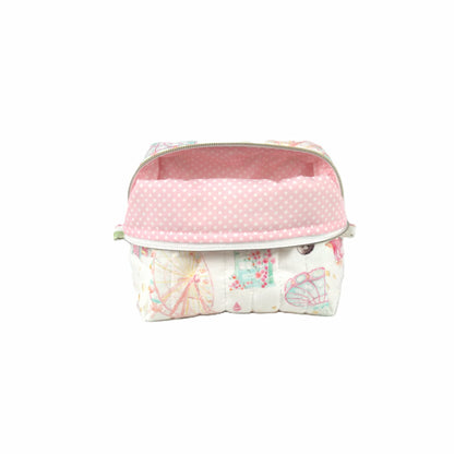 Handmade small makeup bag, world icons on white fabric with white polkadots on pink liner - gift for her NZ